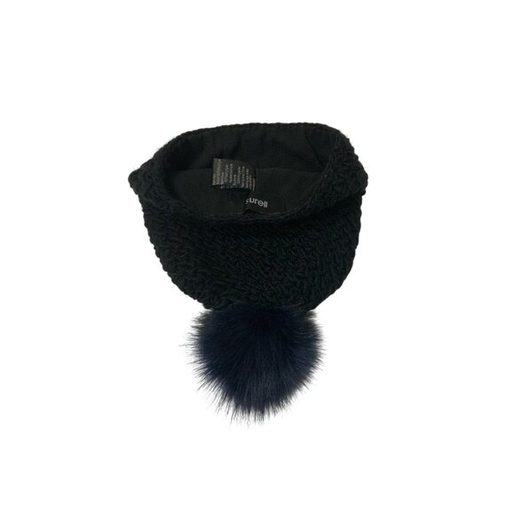 Surell Hand-Knit Black Beanie With Midnight Blue Faux Fox Fur Pom Pom - Picture 3 of 4